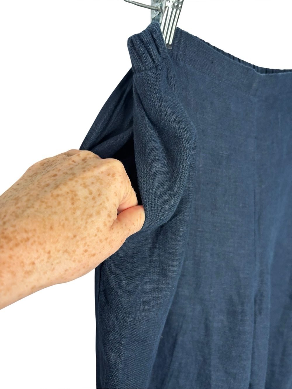 Flax Women’s Linen Navy Elastic Waist Cropped Pants Medium Lagenlook Minimalist - Picture 5 of 9